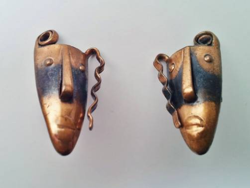 Rebajes vintage copper Brazilian masks earrings, 1940`s American